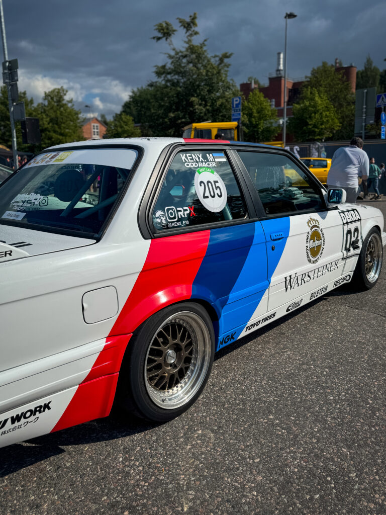 White BMW E30 in M color. Classic old bmw 80’s car
